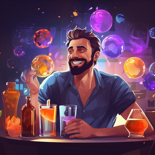 2d illustration of a male character for a web app: with an empathic touch, this guy mixes emotions and connections like a skilled bartender. In addition to making delicious drinks, he is also an attentive listener and confidant to those who approach the counter. His social skills make the drinking experience a moment of genuine human connection. vector, digital art, 4k.