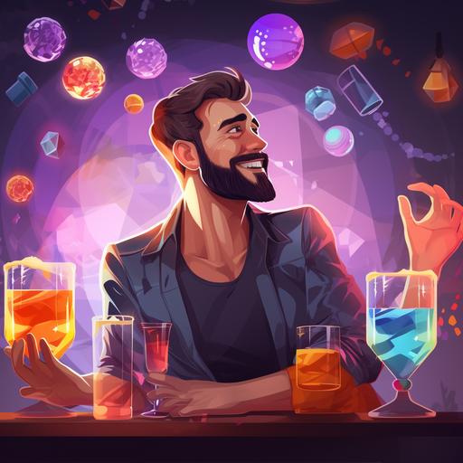 2d illustration of a male character for a web app: with an empathic touch, this guy mixes emotions and connections like a skilled bartender. In addition to making delicious drinks, he is also an attentive listener and confidant to those who approach the counter. His social skills make the drinking experience a moment of genuine human connection. vector, digital art, 4k.