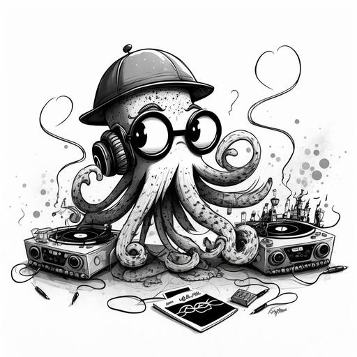 2d, octopus deejay with hat and mustaches, cartoon characters, black and white, walt disney,ink sketch --v 4