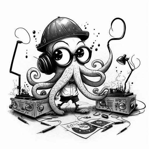 2d, octopus deejay with hat and mustaches, cartoon characters, black and white, walt disney,ink sketch --v 4