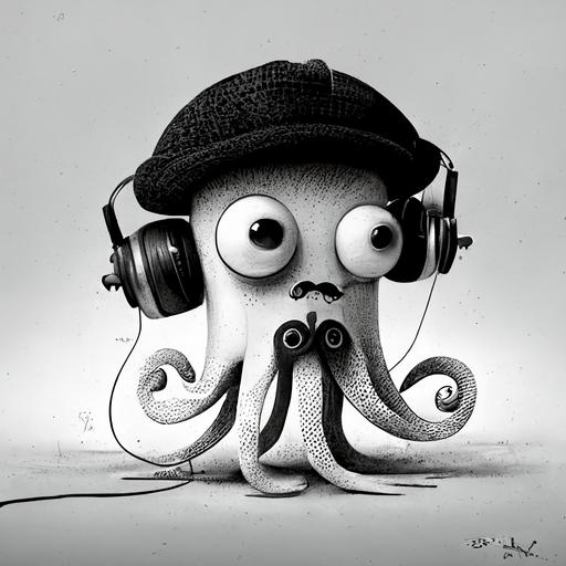 2d, octopus deejay with hat and mustaches, cartoon characters, black and white, walt disney --v 4