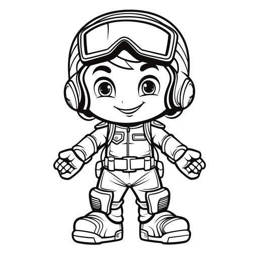 2d outline simple vector monochrome coloring page depicting baby motocross pilot, cartoon, big eyes, smiling on white background, full body