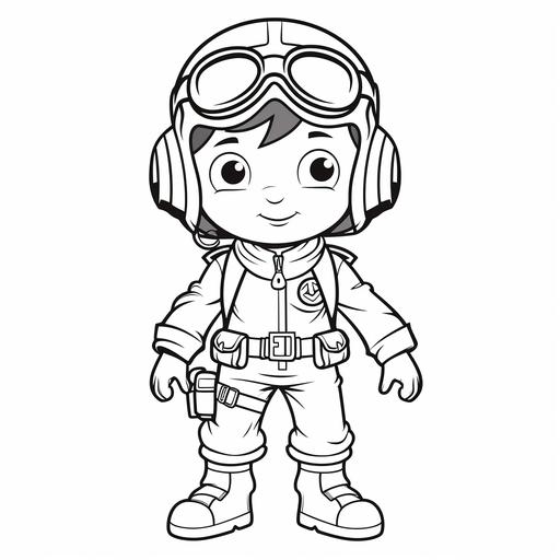 2d outline simple vector monochrome coloring page depicting baby f1 pilot, cartoon, big eyes, smiling on white background, full body