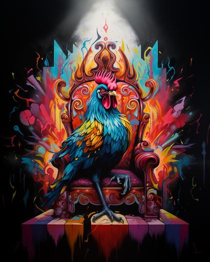 colorful graffiti art rooster on a throne with a crown --v 5.2 --ar 4:5
