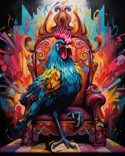 colorful graffiti art rooster on a throne with a crown --v 5.2 --ar 4:5