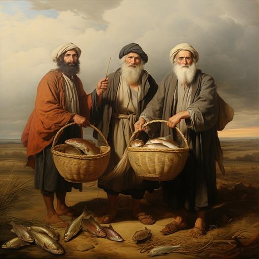 3 Old Testament Hebrew men with baskets full of fish and bread in an open field