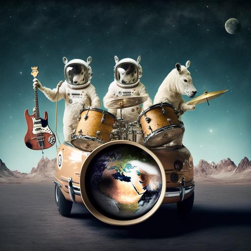 3 animals in space playing instruments in vintage cars, drumkit, nasa photography, beyond our universe