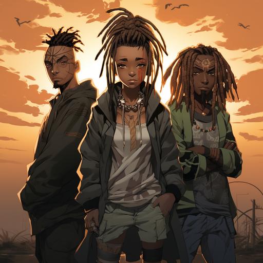 3 anime character boondocks style with dreads