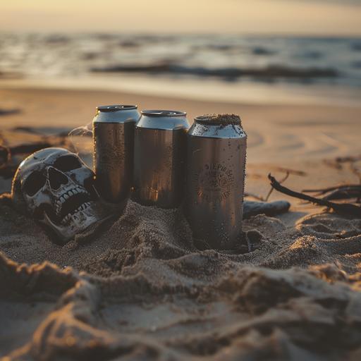 3 blank beer cans sticking out of sand on the beach with a skull partially buried in the sand off to the side and out of focus, realistic photograph, product photography, soft lighting, shallow depth of field, landscape