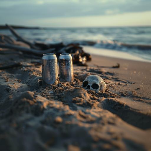 3 blank beer cans sticking out of sand on the beach with a skull partially buried in the sand off to the side and out of focus, there appears to be dark oil-like fluid littering the beach, realistic photograph, product photography, soft lighting, shallow depth of field, landscape