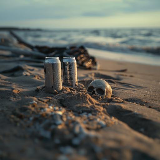 3 blank beer cans sticking out of sand on the beach with a skull partially buried in the sand off to the side and out of focus, there appears to be dark oil-like fluid littering the beach, realistic photograph, product photography, soft lighting, shallow depth of field, landscape --v 6.0