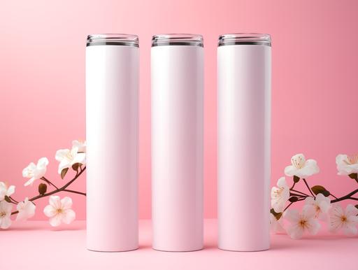 3 blank white tube 20 oz skinny kinny tumblers, no straw, no text, mockup, pink flower background, soft atmosphere, --ar 4:3