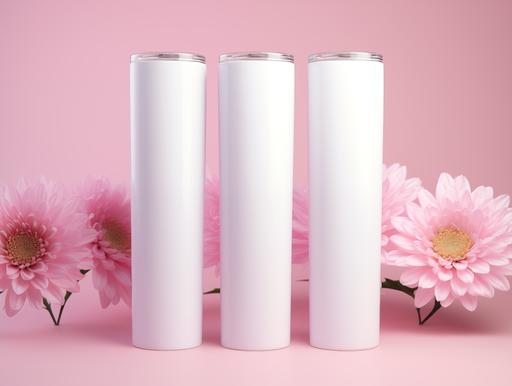 3 blank white tube 20 oz skinny kinny tumblers, no straw, no text, mockup, pink flower background, soft atmosphere, --ar 4:3
