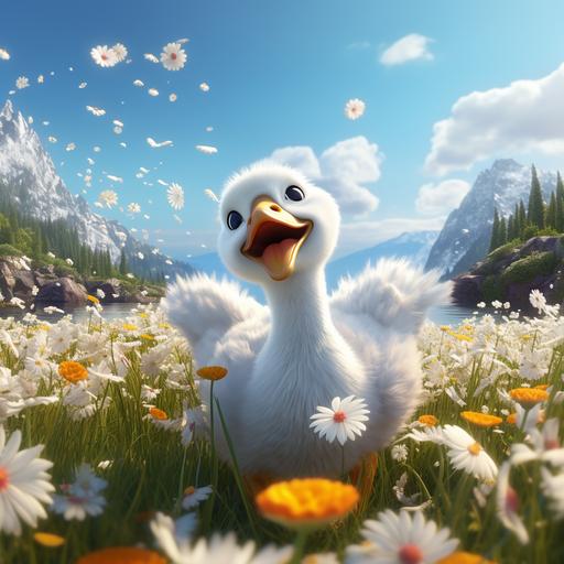 3 d cartoon pixar, a baby in a valley of daisy flowers, a swan flying - Image #2