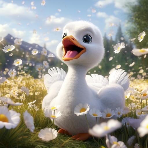 3 d cartoon pixar, a baby in a valley of daisy flowers, a swan flying - Image #2