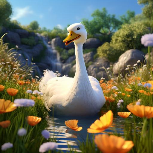 3 d cartoon, pixar, a swan in a valley of daisy flowers