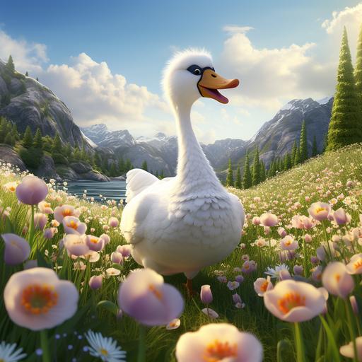 3 d cartoon, pixar, a swan in a valley of daisy flowers
