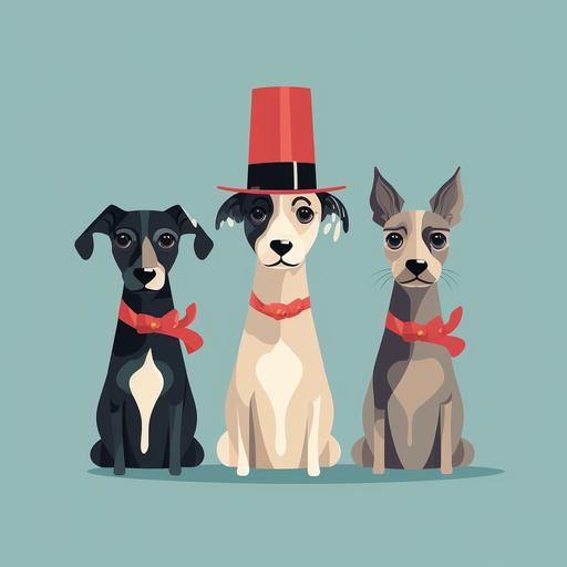 3 dogs in funny hats and tails, cartoon, flat, flat illustration, Minimalist, single color background