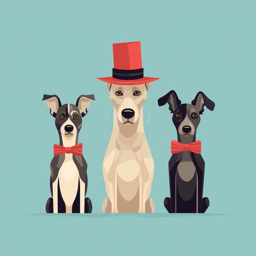 3 dogs in funny hats and tails, cartoon, flat, flat illustration, Minimalist, single color background