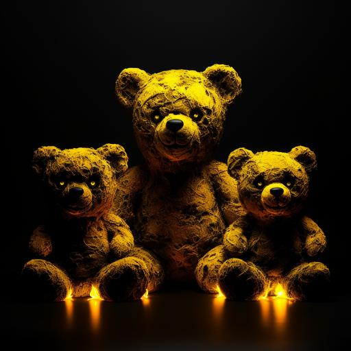 3 evil teddy bears silliouettes with yellow. glowing eyes on black background