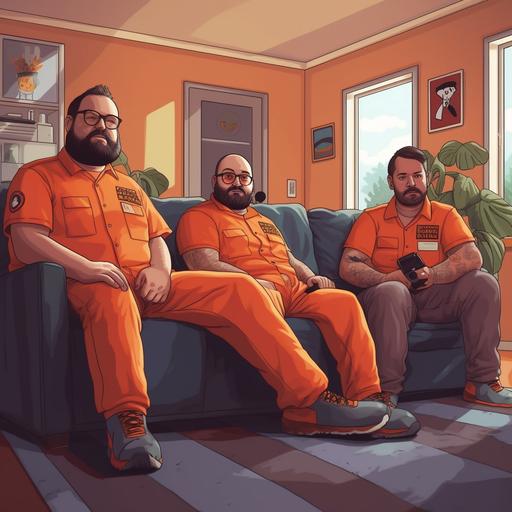 3 fat paramedics in grey t-shirts with a St. John‘s logo and orange pants sitting in a living room