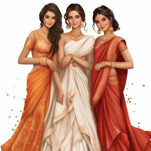 3 friends in a sari , one of them is getting married. Make it cartoon style in png with transparent background
