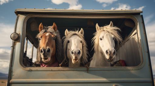 3 funny horses in a trailer during a trip --ar 16:9