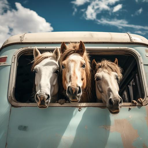 3 funny horses in a trailer during a trip