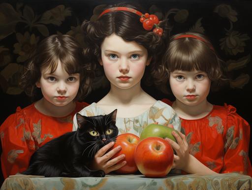 3 girls, 2 apples and 1 cat, in paintedly stylr --ar 4:3