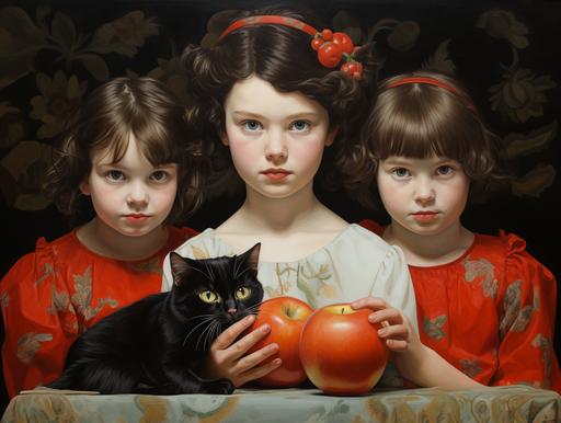 3 girls, 2 apples and 1 cat, in paintedly stylr --ar 4:3