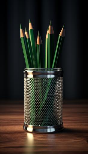 3 green pencils inside a silver mesh type pencil holder, on a wooden table, dark mood, studio lighting, 4K, ultra realistic, --ar 4:7