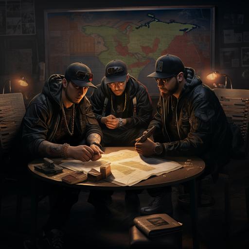 3 guys sitting on a table with tactical maps and guns they are maxican cartel 2 guys are wearing urban style clothes with thick golden necckles and the guy in the middle is wearing all black clothes like army witha golden writst watch holding a walkie talkie radio on his right hand