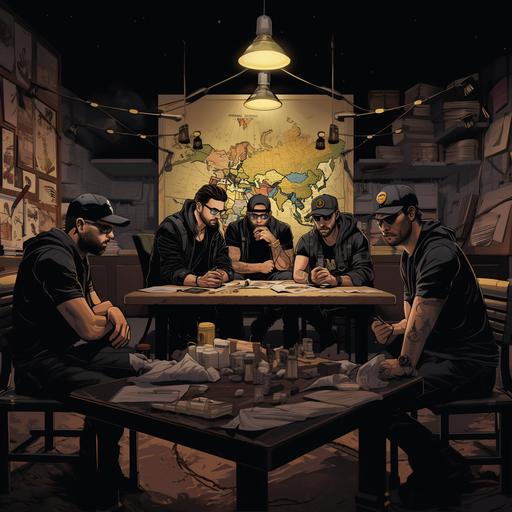 3 guys sitting on a table with tactical maps and guns they are maxican cartel 2 guys are wearing urban style clothes with thick golden necckles and the guy in the middle is wearing all black clothes like army witha golden writst watch holding a walkie talkie radio on his right hand