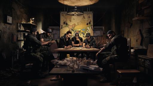 3 guys sitting on a table with tactical maps and guns they are maxican cartel 2 guys are wearing urban style clothes with thick golden necckles and the guy in the middle is wearing all black clothes like army witha golden writst watch holding a walkie talkie radio on his right hand --ar 16:9