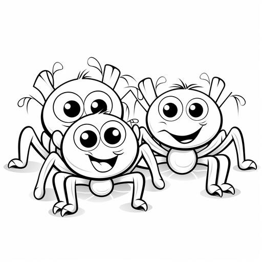 3 happy cute Halloween spiders, cartoon style suitable for children ages 3 plus, black outlines only, thick lines for colouring page,vectorised clear image, no colour, no shadings, black and white only