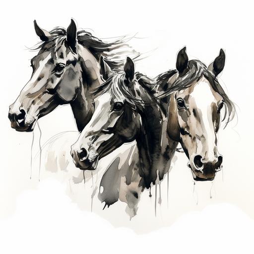 3 horse heads side profile, marker drawing graphic, black on white