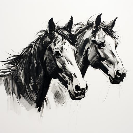 3 horse heads side profile, marker drawing graphic, black on white