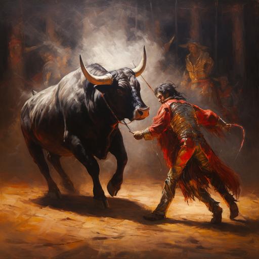 3 matador characters wrestling a bull and taunting it in the arena, wide shot, epic, grand, scenic, cinematic lighting, acrylic painting, textured, oils on canvas