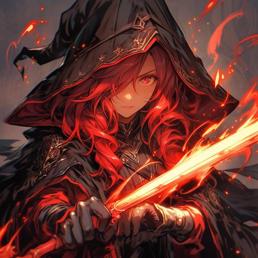 mid-twenties witch woman, melee, wielding dueling sword, gish, dark magic, dark overcoat, red hair --s 1000 --niji 5