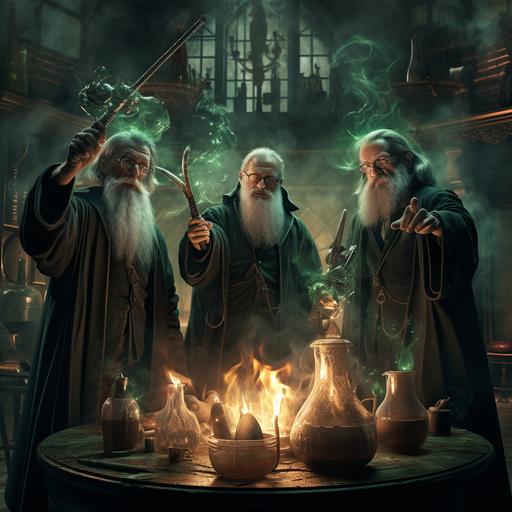 3 old wizards from ministry of magic are pointing their wands at 3 magic objects in the middle of the picture , the 3 objects are old cauldron, potion in the glass bottle and skull, from their wands there come 3 green beams towards the 3 objects, from the 3 objects comes the smoke as they are beeing destroyed