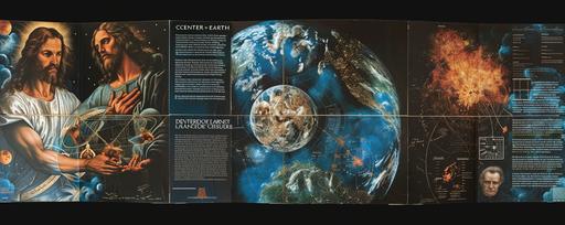 3-page fold-out flyer rejecting the heliocentric world view. the left panel shows Jesus holding the earth and the sun. The middle panel shows Galileo burning on the stake. The right panel shows a scientific chart showing Earth in the center of everything. The title of the flyer is 