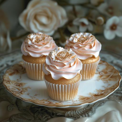 3 pale pink and gold cupcakes, perfectly iced, attractive --ar 1:1 --s 350 --v 6.0