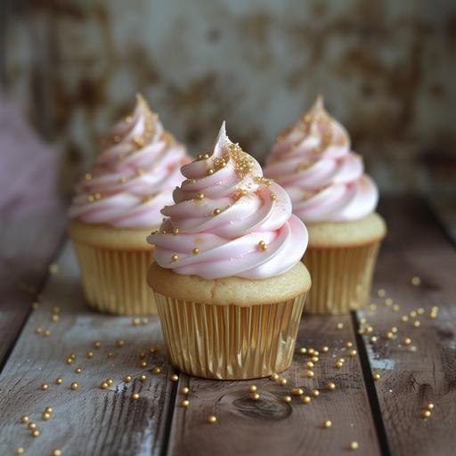 3 pale pink and gold cupcakes, perfectly iced, attractive --ar 1:1 --s 350 --v 6.0
