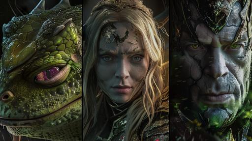 3 panel triptych, left panel features MCU superhero Frog Knight staring John Rhys-Davies with crocodile color skin and powerful jumping abilities, middle panel features MCU superhero Hippo Grin staring Alicia Silverstone with pale pink skin and hybrid Hippopotamus features, right panel features MCU superhero Destiny Chad staring Owen Wilson with ethereal ghostly features, Arriflex 435 with Frazier Lens, ultra-realistic, attention to facial details --ar 16:9 --s 50
