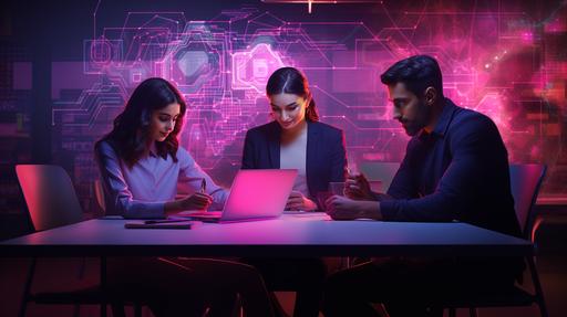 3 people in smart casual working around the table, preparing analytical report on the computer, smiling, futuristic AI utopia, dark and neon pink ambience --ar 16:9