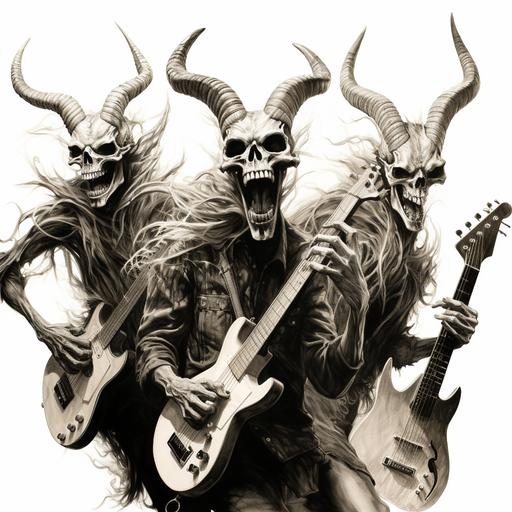3 sinister looking skeletons with goat heads and horns,playing electric guitars, jumping at you, jumping out of the picture, very scary, evil sinister grins, reaching towards you, scary mood, high-contrast, intense lighting, dynamic poses, no background, white background, detailed charcoal sketch
