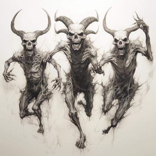 3 sinister looking skeletons with goat heads and horns, jumping at you, jumping out of the picture, very scary, evil sinister grins, reaching towards you, scary mood, high-contrast, intense lighting, dynamic poses, no background, white background, detailed charcoal sketch