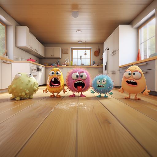 3 small Germs 3d cartoon characters scared standing on the floor with wide home scene