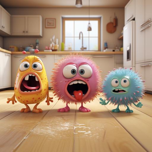 3 small Germs 3d cartoon characters scared standing on the floor with wide home scene