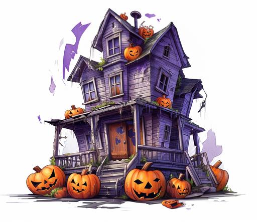 3 story haunted house, decrepit, black bats, tall ghost with orange black checkered socks and purple sneakers, carved pumpkins, clipart, white background, 8k --ar 37:32 --v 5.1